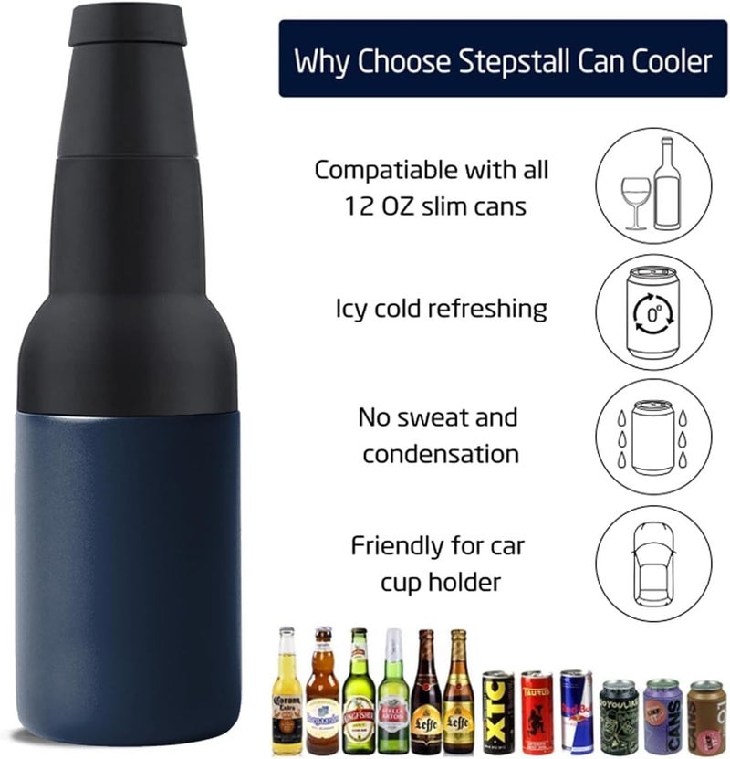 Stepstall Beer Gifts for Men - Beer Bottle Cooler with Opener, 12 oz. Slim Can Insulator (Navy Blue) - Image 3